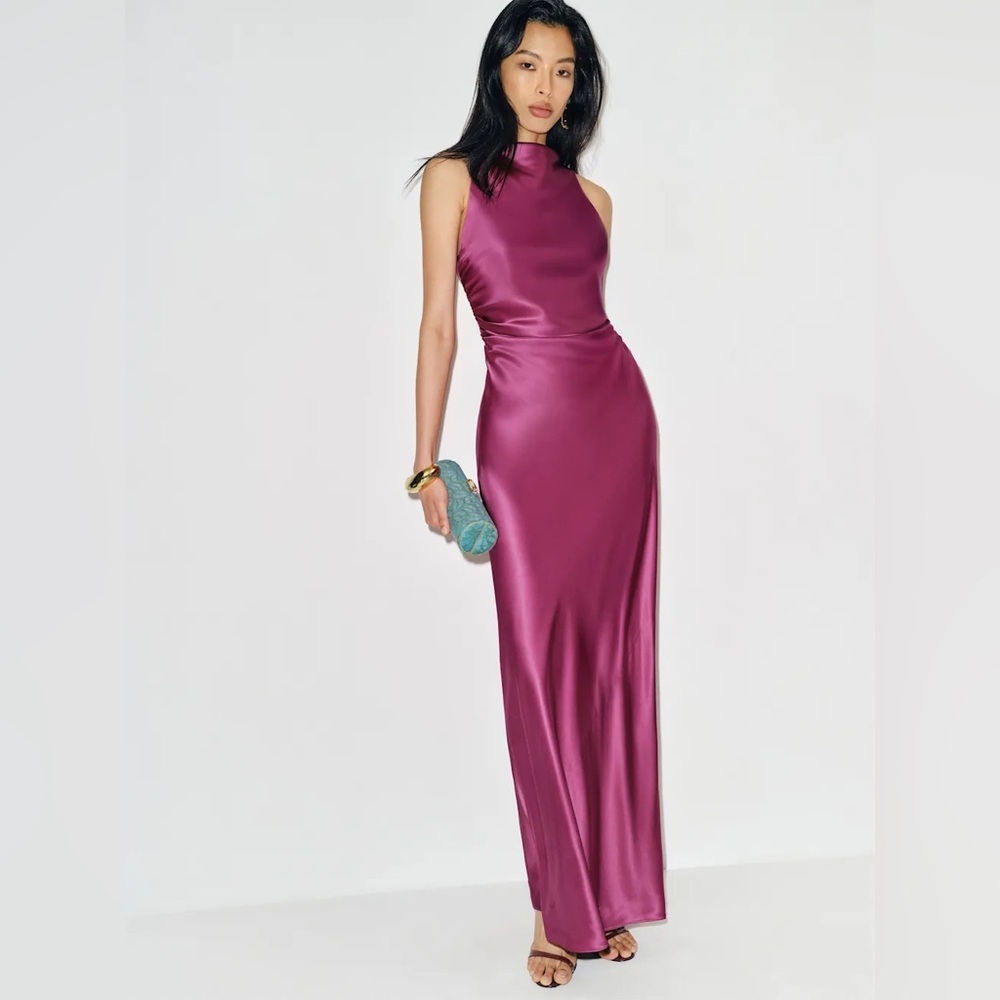 NEW Reformation Anaiis Long Silk Dress Hibiscus Tea Dark Pink Magenta | US 2 UK6 - Picture 1 of 16